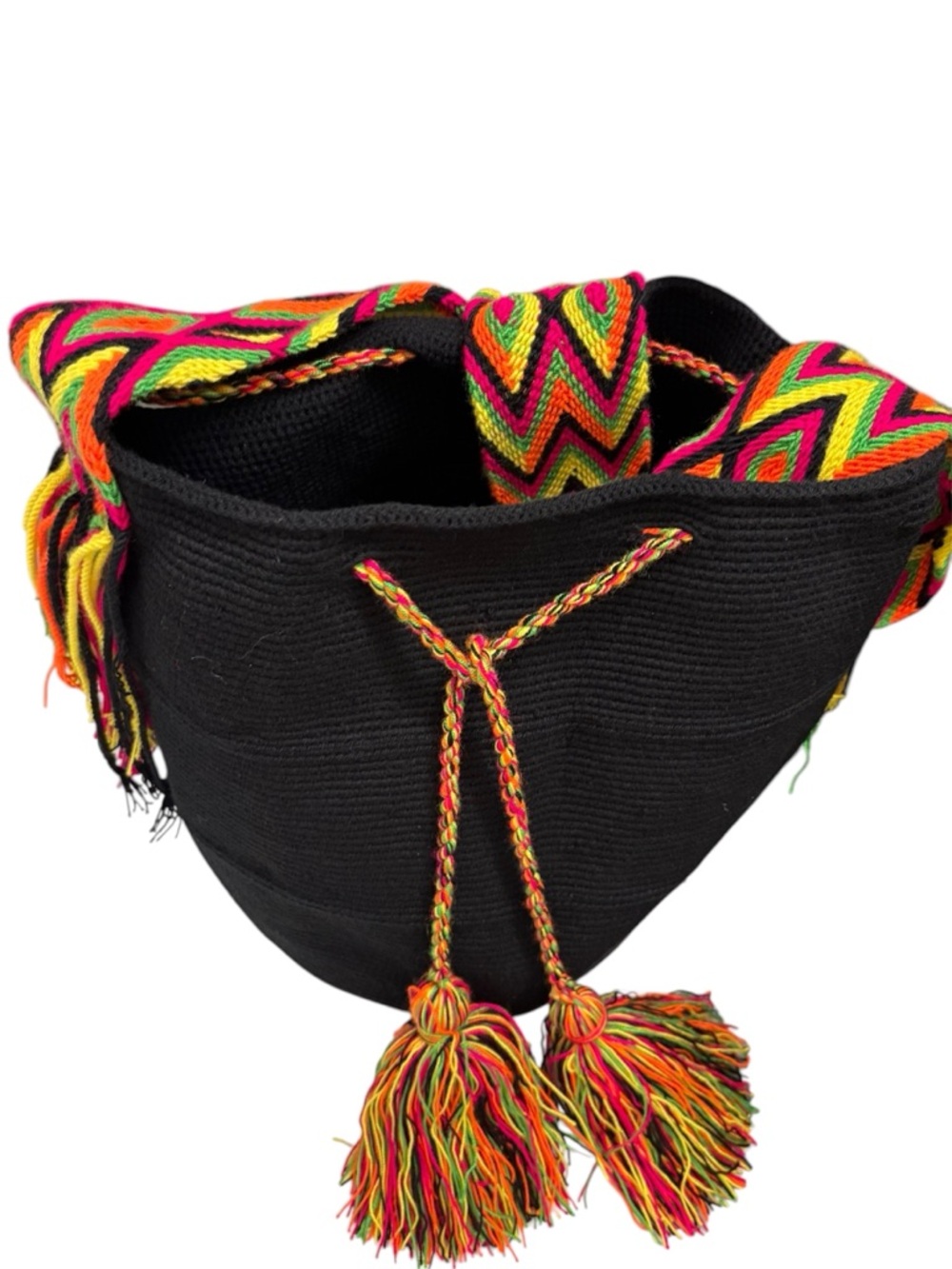 Boho Black Drawstring Shoulder Bag with Multicolor Woven Strap